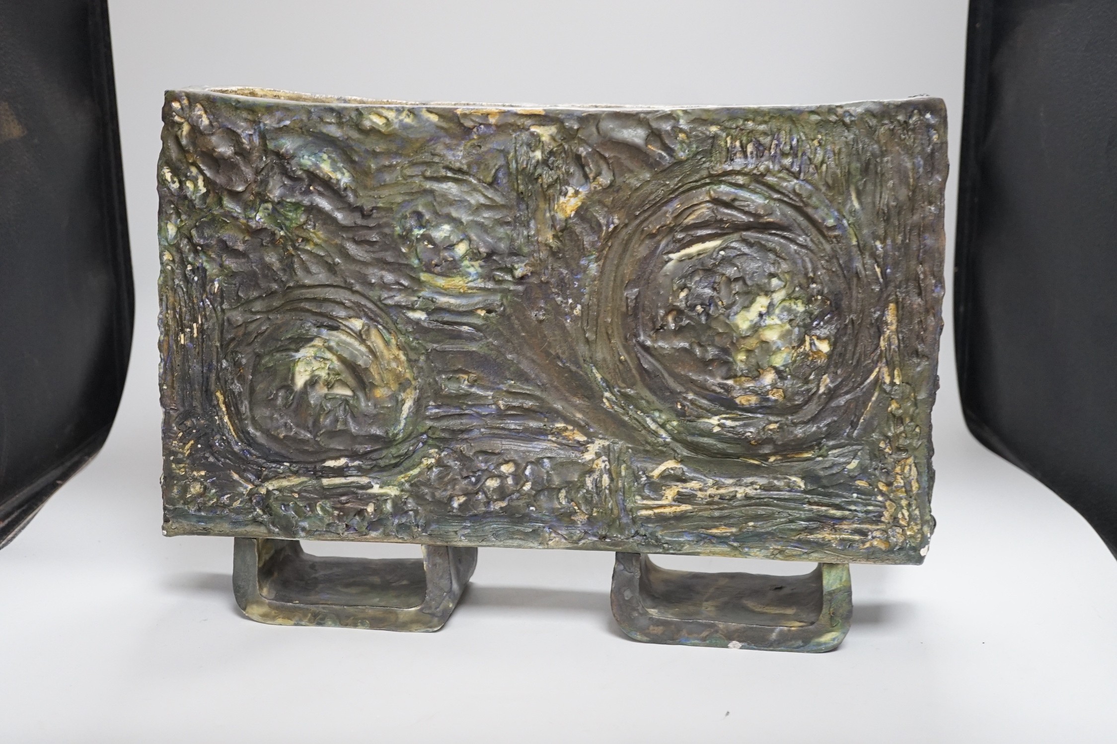 Ruth Sulke - a studio pottery rectangular mounted abstract trough, 31cms high x 44cms wide